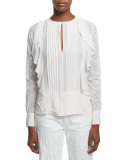 Long-Sleeve Woven Ruffle-Trim Top, Cloud White