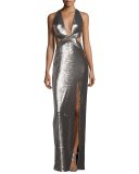 Sleeveless Cutout Metallic Column Gown, Antique Silver