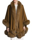 Fox Fur-Trimmed Cashmere U-Cape, Medium Brown