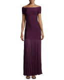 Off-the-Shoulder Pleated-Hem Gown, Bordeaux
