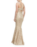 Embroidered Sleeveless V-Neck Mermaid Gown, Gold