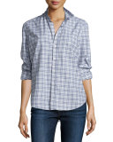Eileen Check Button-Front Shirt, Blue/Heather Gray