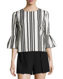 Bernice Striped Ruffle-Sleeve Top, Black/White