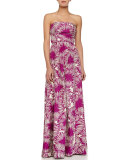 Strapless Floral-Print Pleated Long Dress