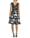 Sleeveless Tiered Metallic Floral Cocktail Dress, Black