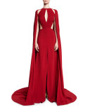 Cutout Silk Crepe Gown w/Cape, Red