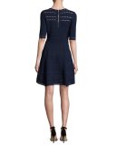 Textured Half-Sleeve Mixed-Stitch A-line Dress, Navy