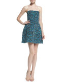 Strapless Embroidered Party Dress, Cobalt