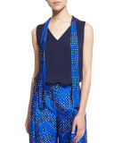 Britni Sleeveless Silk Top w/ Chevron Dots Trim, Midnight