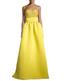 Strapless Faille Gown with Embellished Bodice, Chartreuse 
