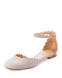 Lauren Scalloped Suede Ankle-Strap Flat, Elephant Gray