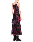 Sleeveless Floral-Print Tiered Midi Dress, Purple/Red/Black
