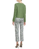 Long-Sleeve Round-Neck Tweed Jacket, Green