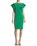 Flutter-Sleeve Crepe Sheath Dress, Emerald