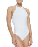Mott Halter One-Piece Swimsuit W/ Scalloped Edges, White