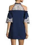 Samantha Cold-Shoulder Embroidered Shift Dress, Blue Multi