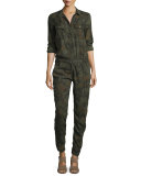 Floral-Print Denim Utility Jumpsuit, Green