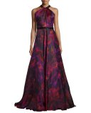 Sleeveless Floral Silk Organza Gown, Magenta