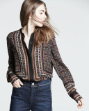 Franco Long-Sleeve Silk Multipattern Top, Brown/Multicolor