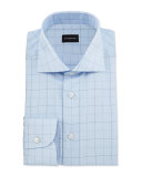 Dotted Box-Check Dress Shirt, Light Blue