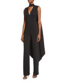 Leandra Stretch-Woven Jumpsuit w/Cape, Black
