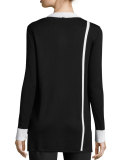 Intarsia-Stripe Waterfall Cardigan, Caviar/Bianco