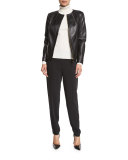 Leather Peplum Jacket w/ Contrast Whipstitching, Black