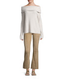 Agneta Ribbed Cashmere Off-the-Shoulder Top, Light Beige