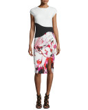 Cap-Sleeve Floral Combo Sheath Cocktail Dress 