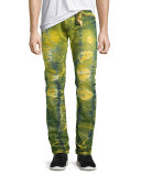 Long-Flap Slim Acid-Wash Jeans, Lime