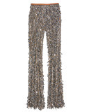 Dangling Metallic Flare-Leg Pants, Silver/Suntan