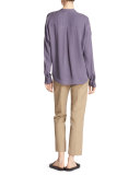 Banded-Collar Concealed-Placket Silk Blouse