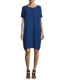 Short-Sleeve Silk Shift Dress 
