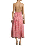 Sleeveless Floral Silk Midi Dress, Red