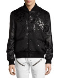 Leather-Sleeve Splatter Bomber Jacket, Black