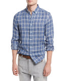 Macro-Check Leisure-Fit Linen Sport Shirt, Blue