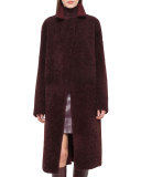 Long Reversible Shearling Fur Coat, Aubergine