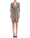Leather-Trim V-Neck Plaid Dress, Black/Pink/Gray
