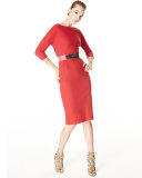 Half-Sleeve Belted Sheath Dress, Lacquer