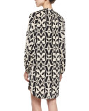 Tribal-Print Shift Shirtdress, Black/White