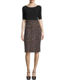 Sparkle Tweed Half-Sleeve Dress, Black/Multi