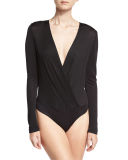 Lala Satin Long-Sleeve Surplice Bodysuit