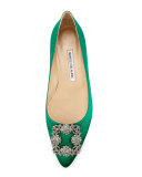 Hangisi Crystal-Buckle Satin Flat, Emerald