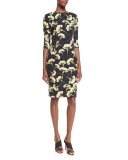 Carnation-Print Techno Dress, Black/Yellow