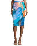 Watercolor-Print Midi Skirt, Teal 