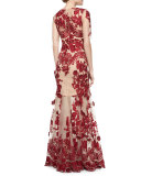 Half-Sleeve Floral-Applique Gown, Red