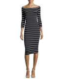 Galley Down Off-the-Shoulder Striped Midi Dress, Blue/White