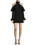 Ruffled Mock-Neck Cold-Shoulder Dress, Black