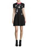 Short-Sleeve Jacquard Skater Dress, Black/White