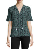Massey Half-Sleeve Tile-Print Tasseled Silk Top, Black Pompidou